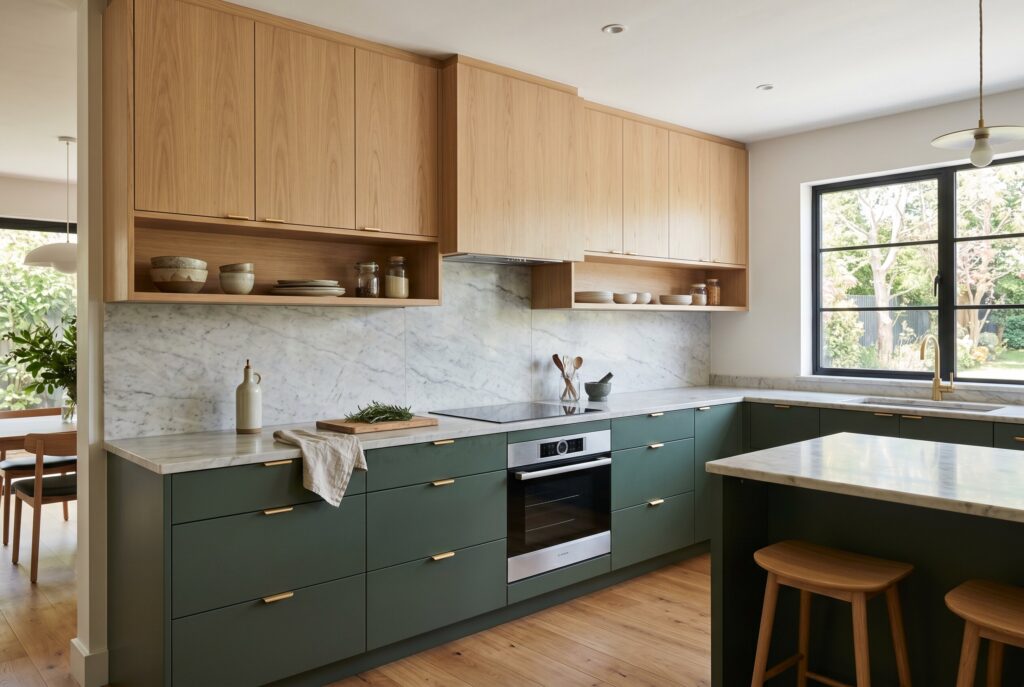 White oak upper cabinets with forest green lowers in a bright modern kitchen.
