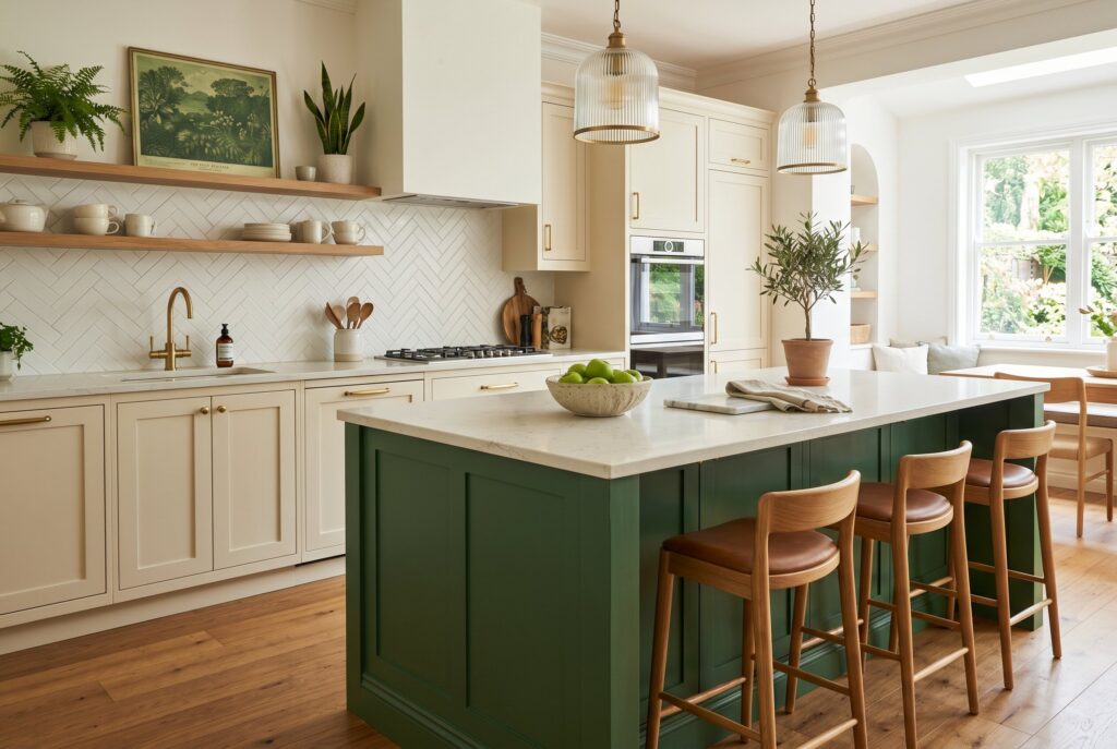 Forest green island with cream cabinets and warm natural wood accents.