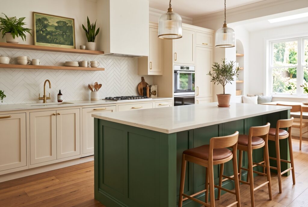 Forest green island with cream cabinets and warm natural wood accents. 