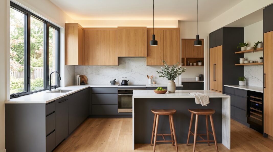 Modern kitchen with black lower cabinets, light wood uppers, and matching wood island stools.