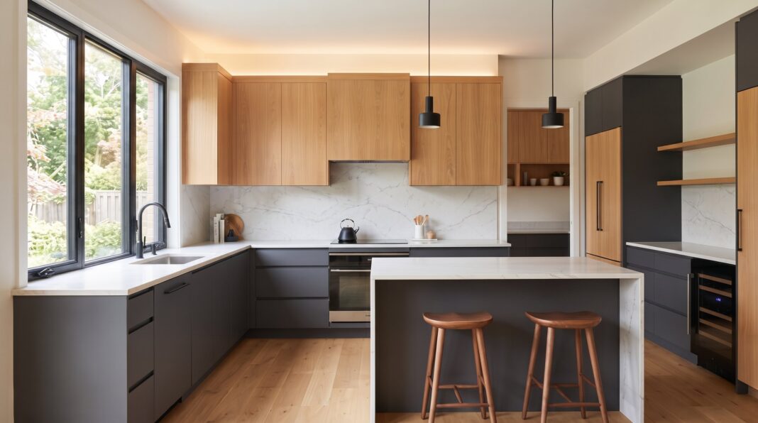 Modern kitchen with black lower cabinets, light wood uppers, and matching wood island stools.