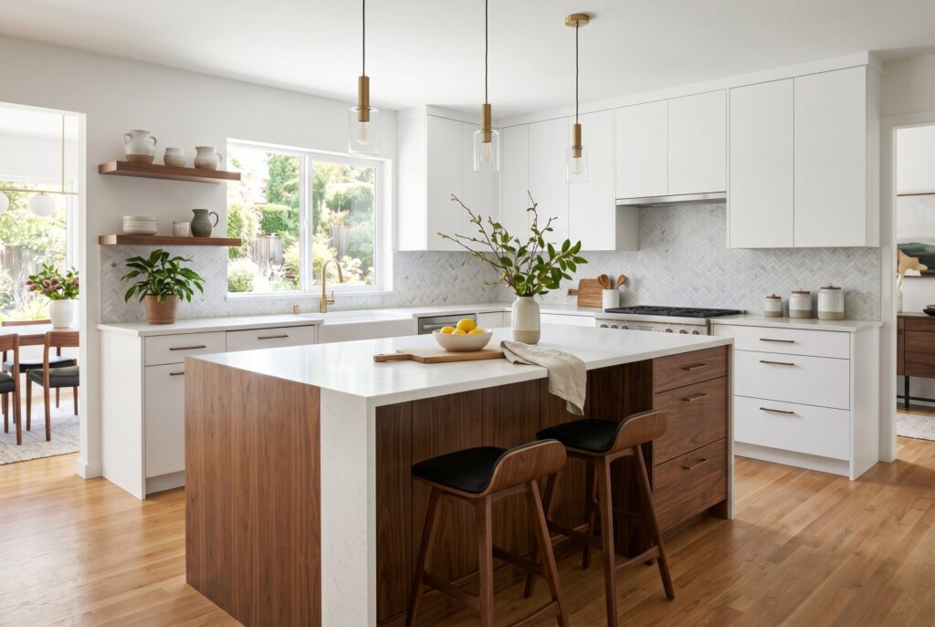Walnut kitchen island in an all white kitchen with modern pendant lighting.