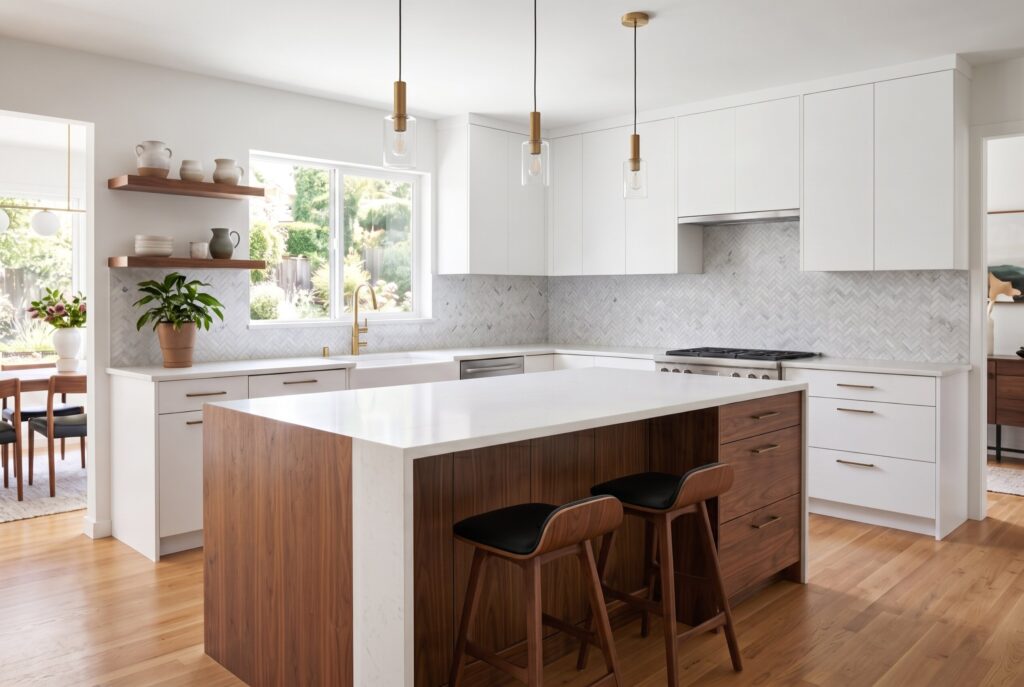 Walnut kitchen island in an all white kitchen with modern pendant lighting. 