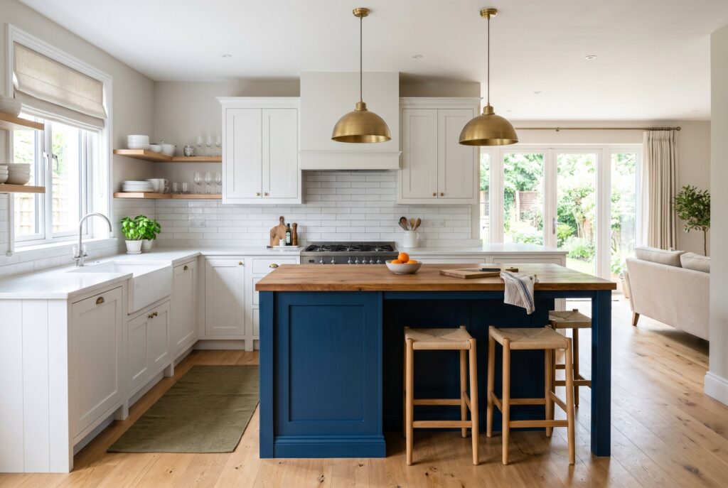 Airy white kitchen with blue island, brass pendant lights, and open-plan farmhouse design.