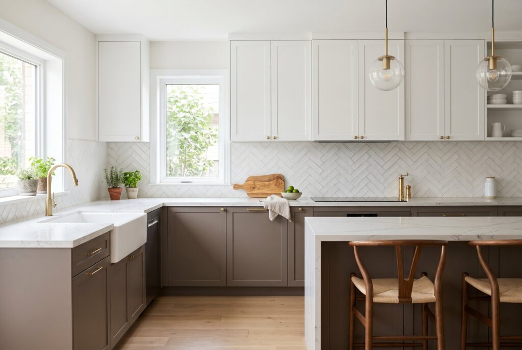 Taupe lower cabinets with white uppers in a clean transitional style kitchen.