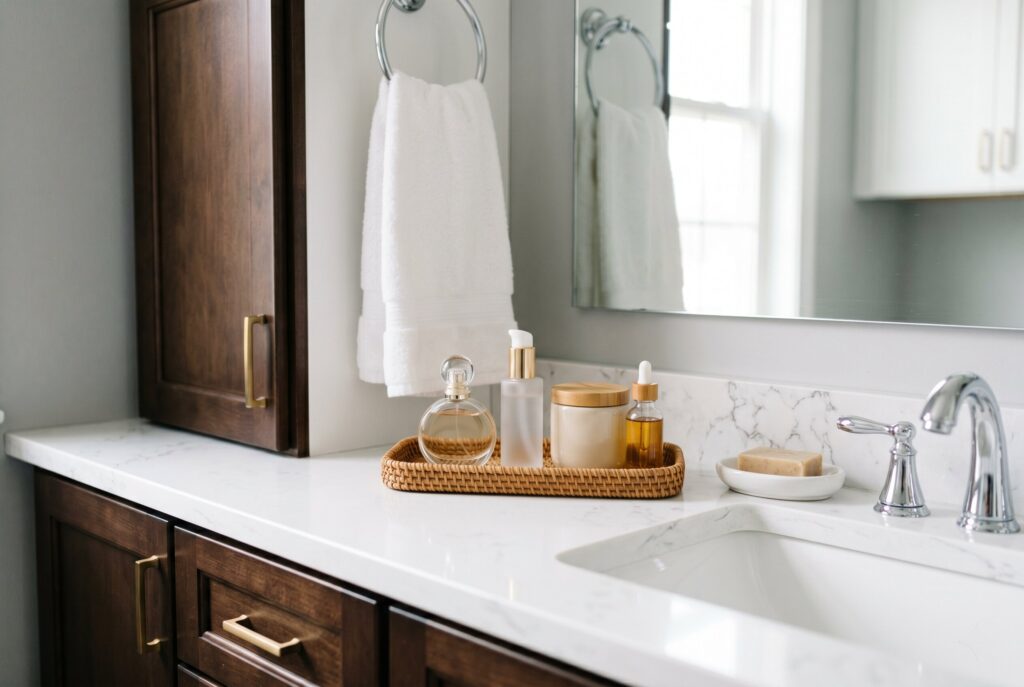 Bathroom counter organizer tray with perfume, skincare, and elegant bathroom countertop styling. 