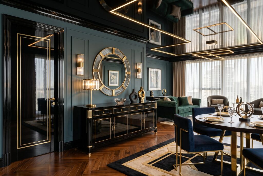 Glamorous Art Deco interior design with lacquered black walls and gold geometric lighting.