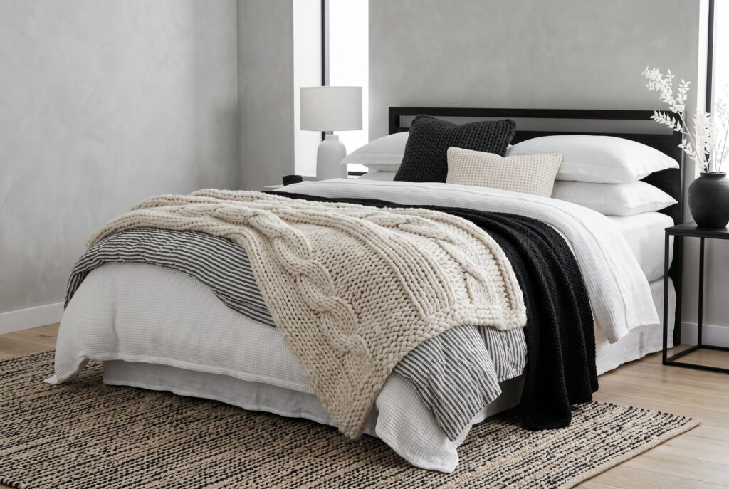 Chunky knit throw blanket on black and white bed with soft textured bedding layers. 
