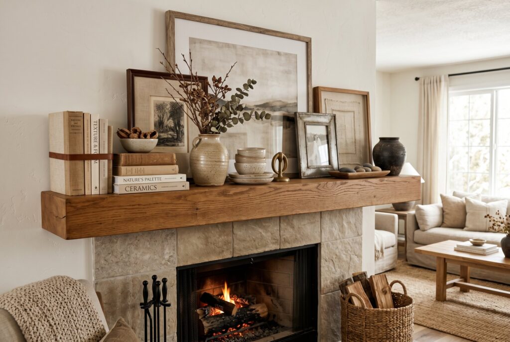 Fireplace mantel styling with layered frames, ceramics, and textured decorative objects. 