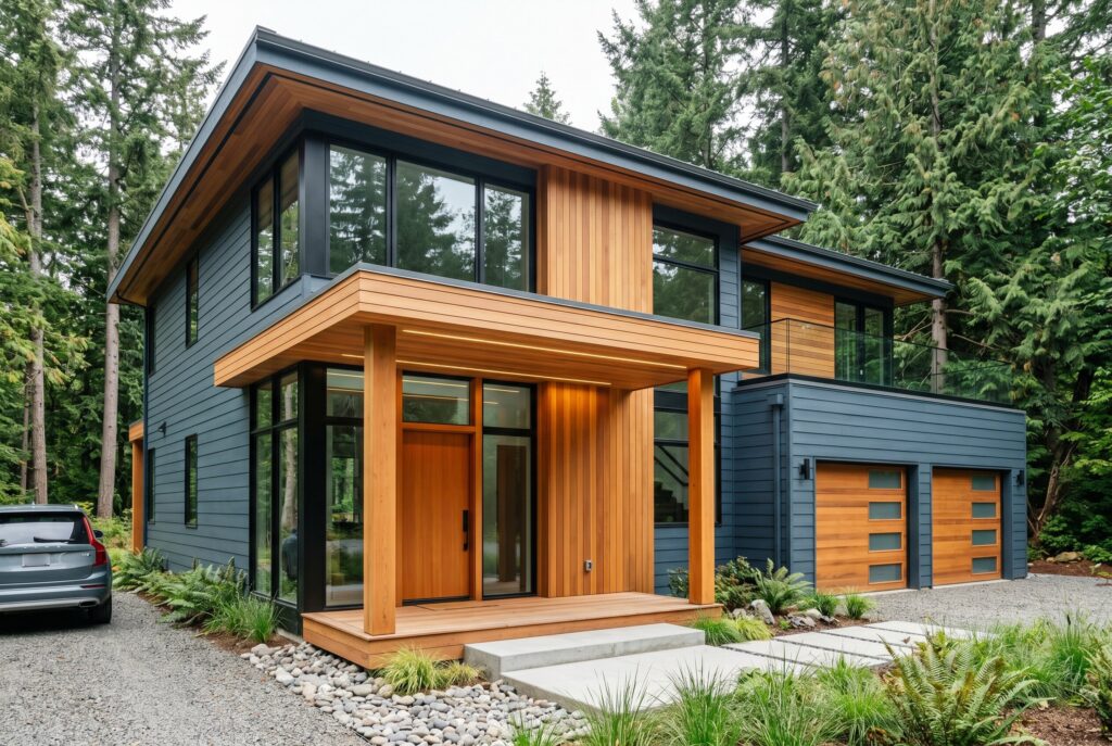 Smoky blue grey exterior house with cedar accents and Scandinavian modern architecture.