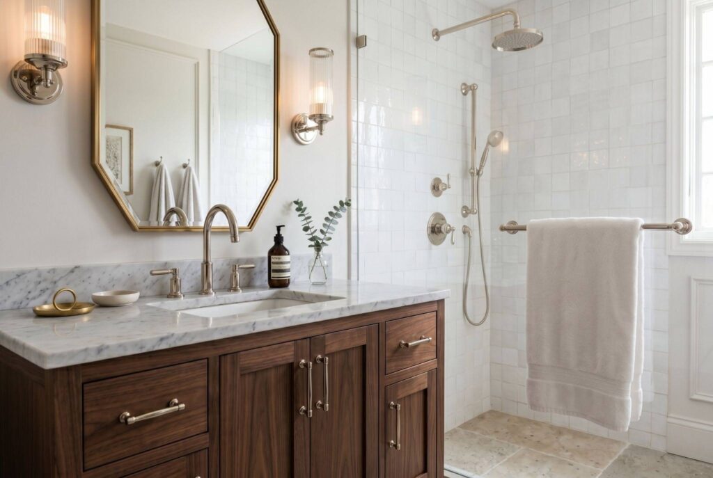 Small bathroom remodel ideas with modern hardware upgrades and luxury shower fixture finishes. 