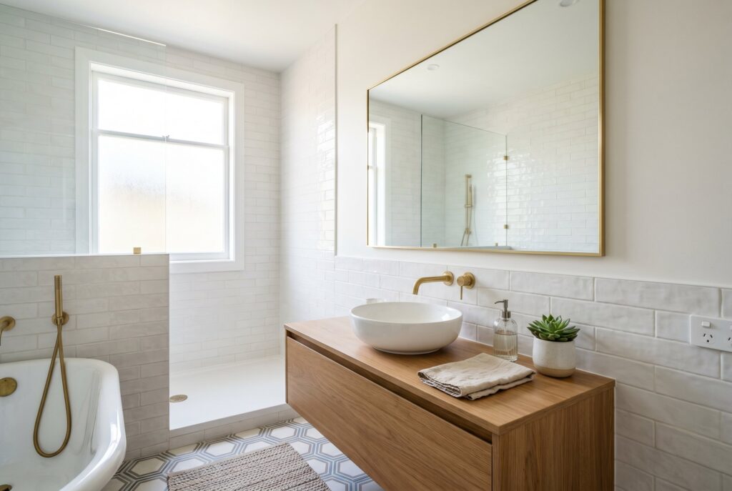 Large round mirror bathroom ideas with floating vanity and sage green wall paint. 