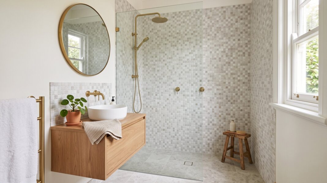 Small bathroom tile ideas with floating vanity and frameless walk in shower design.