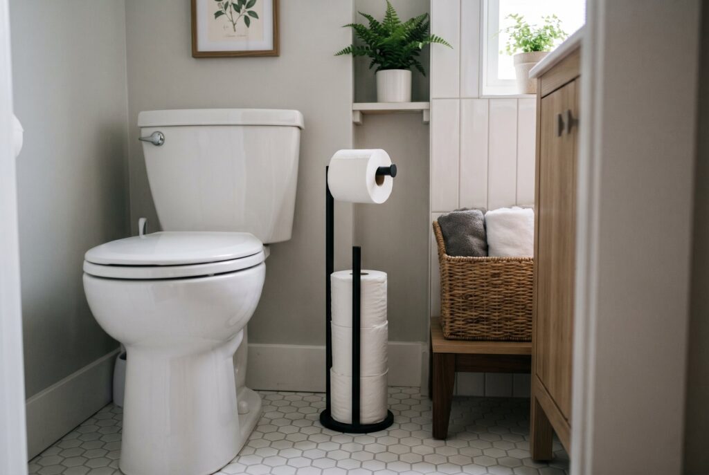 Floating shelf with hidden toilet paper storage compartment and minimalist bathroom design. 