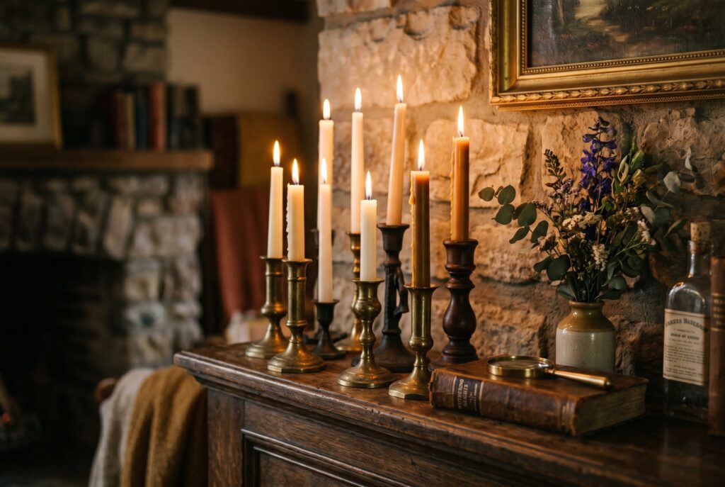 Taper candles in brass holders on dark academia mantel with old world styling. 