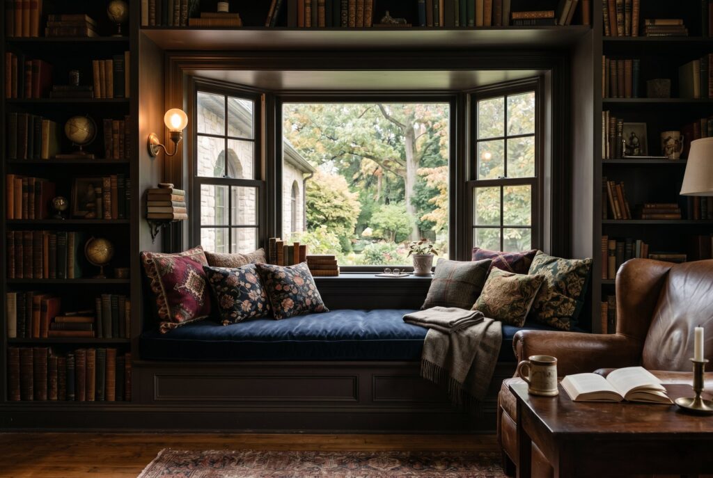 Window seat reading corner with built in bookshelves and dark velvet cushions. 