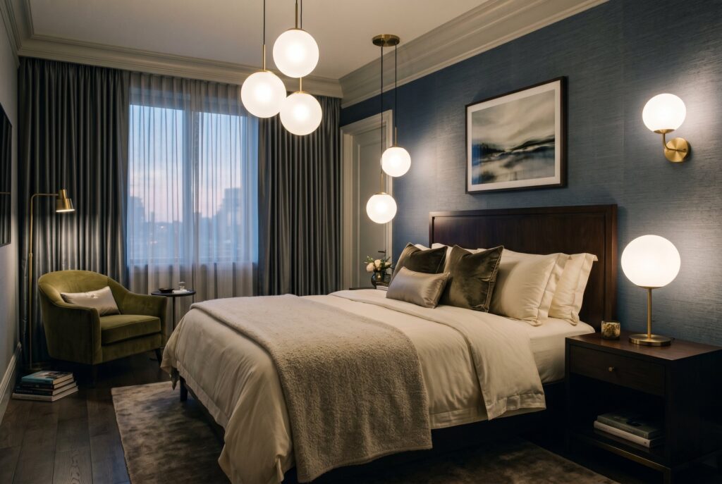 Frosted globe lighting in modern Art Deco bedroom with layered warm interior lighting. 