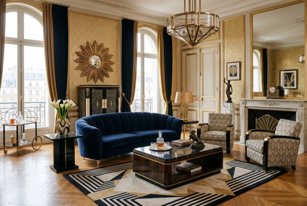 Elegant Art Deco interior design with navy velvet seating, marble coffee table, and gold accents. 