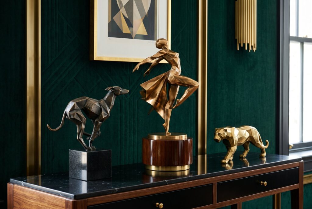 Metallic cubist sculptures and animal figurines in sophisticated Art Deco living room decor. 