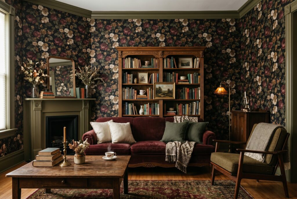Moody floral wallpaper living room with dark academia decor and vintage furniture. 