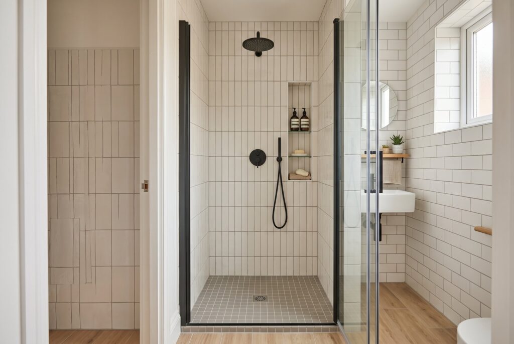 Tiny phone booth walk in shower ideas with vertical tile and recessed shower niche. 