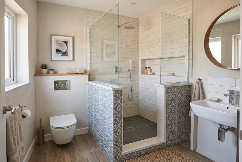 Half wall shower design with patterned tile and glass partition for small bathrooms. 