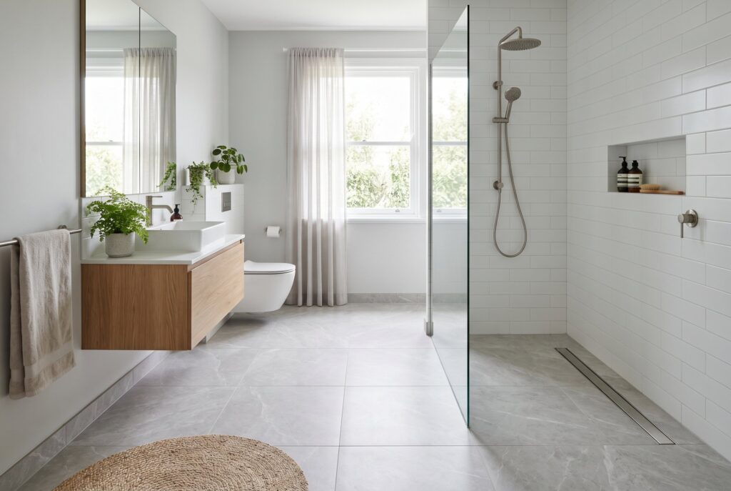 Continuous bathroom floor tile ideas with frameless walk in shower and floating vanity. 