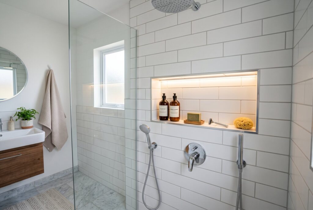 Recessed shower niche ideas with subway tile and built in bathroom storage. 