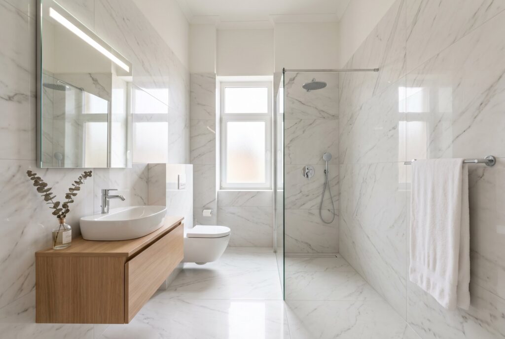 Large format bathroom tile ideas with minimal grout and spa inspired shower design. 