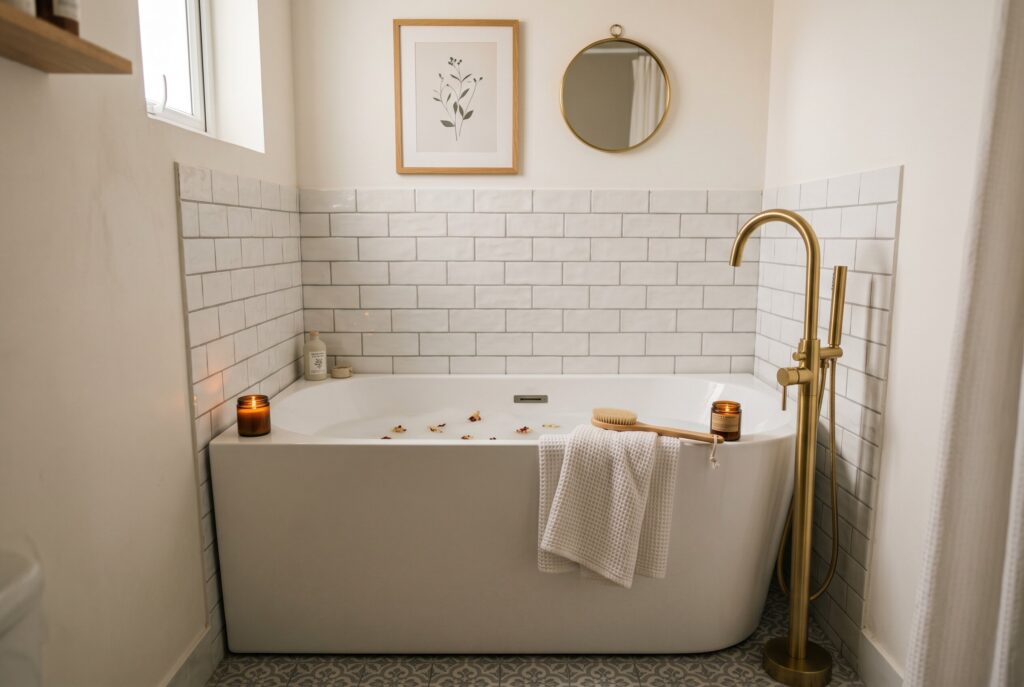 Warm neutral subway tile bathroom trends with freestanding tub and brass floor faucet. 