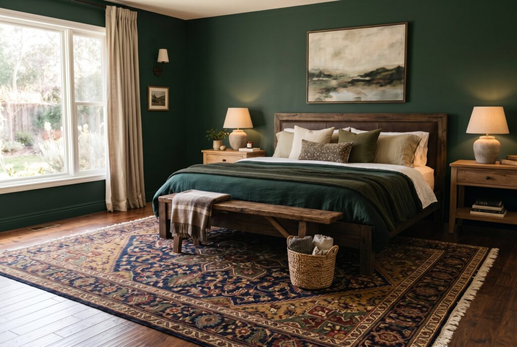 Oversized Persian rug in dark green bedroom with walnut bed frame and warm lighting.