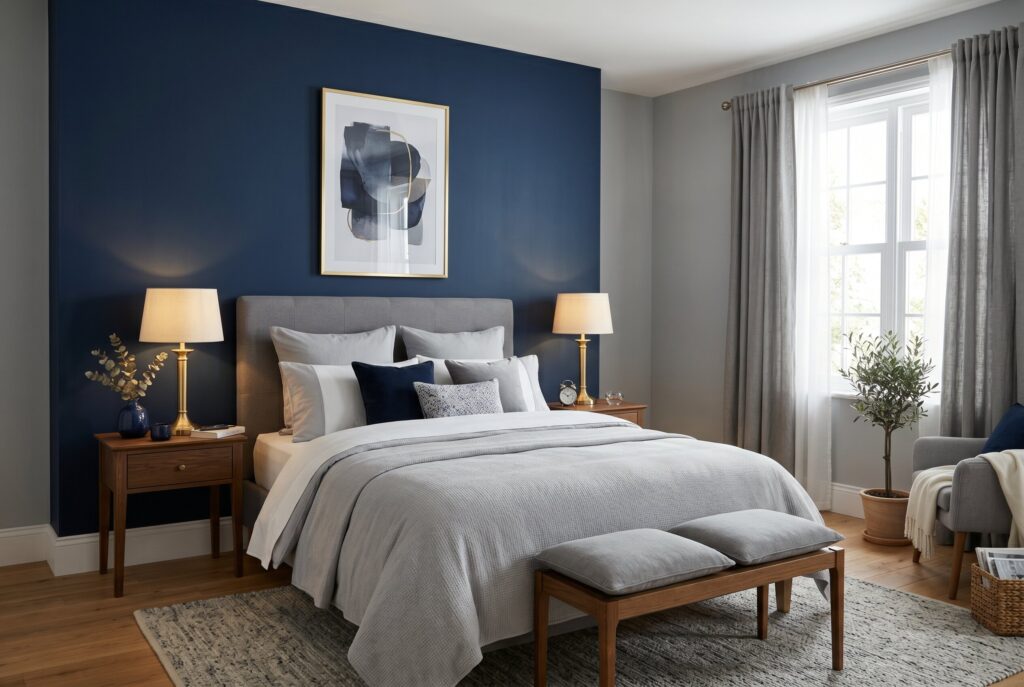 Navy blue accent wall in gray bedroom with layered neutral bedding and brass lamps. 