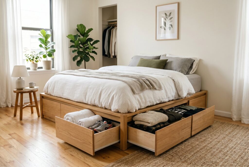 Platform bed with under bed storage drawers and minimalist bedroom organization ideas. 