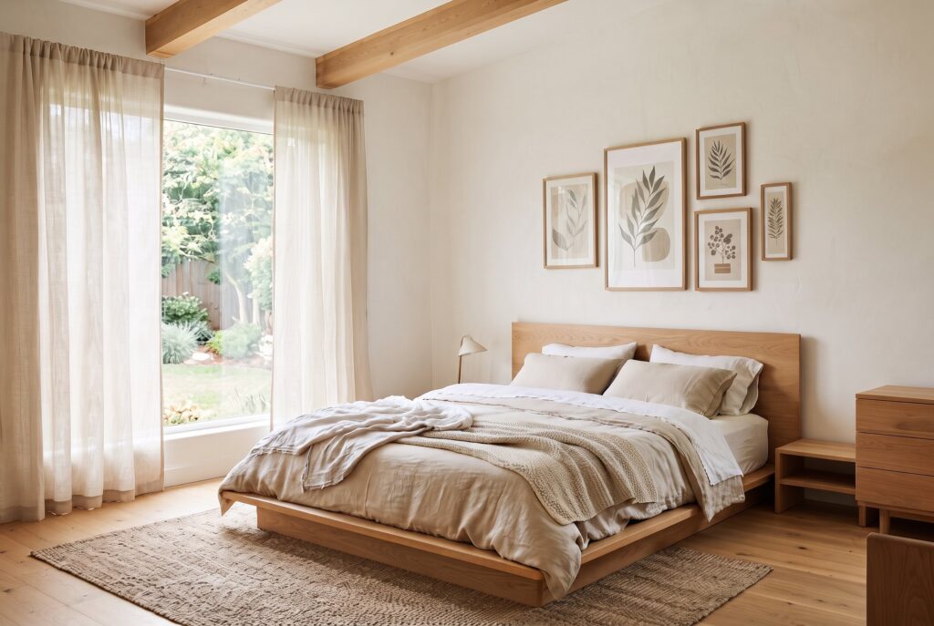 Low profile Japandi platform bed with linen bedding and warm oak bedroom furniture. 