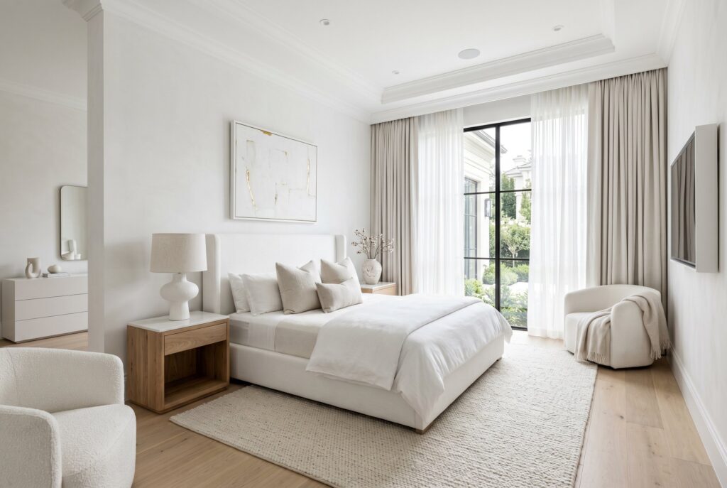 Hidden cable management in white bedroom with clean minimalist interior design.