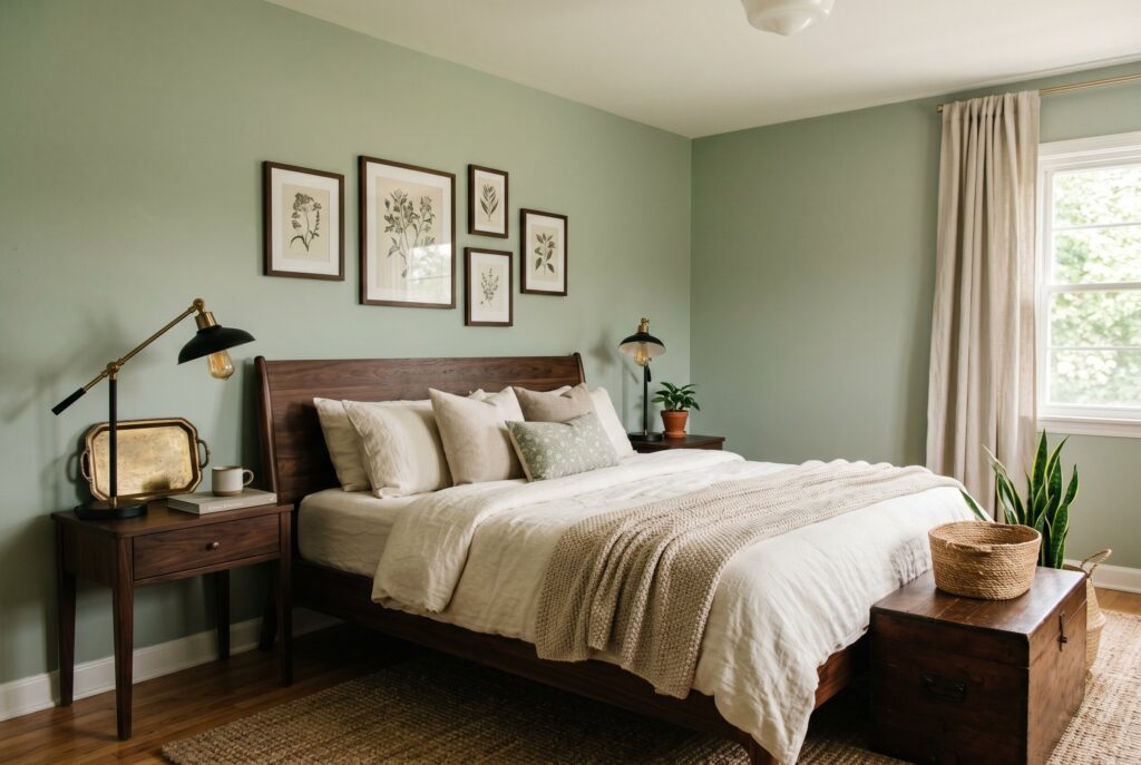 Soft sage green bedroom paint with walnut furniture and layered cream linen bedding.