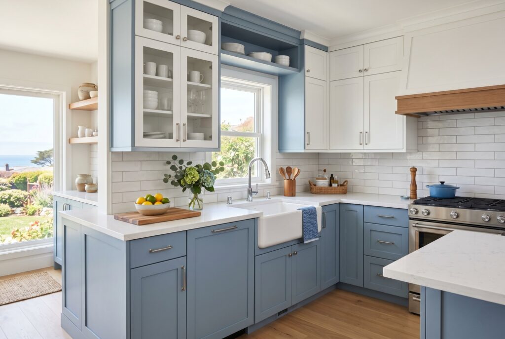 Coastal blue lower cabinets with white uppers in a bright airy seaside kitchen.