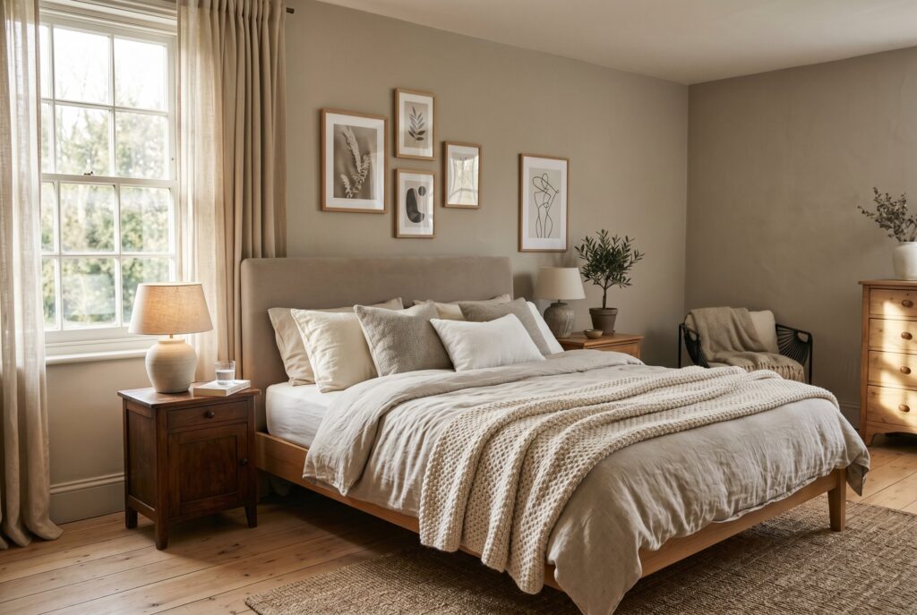 Greige bedroom with layered neutral bedding, warm wood furniture, and cozy lighting.