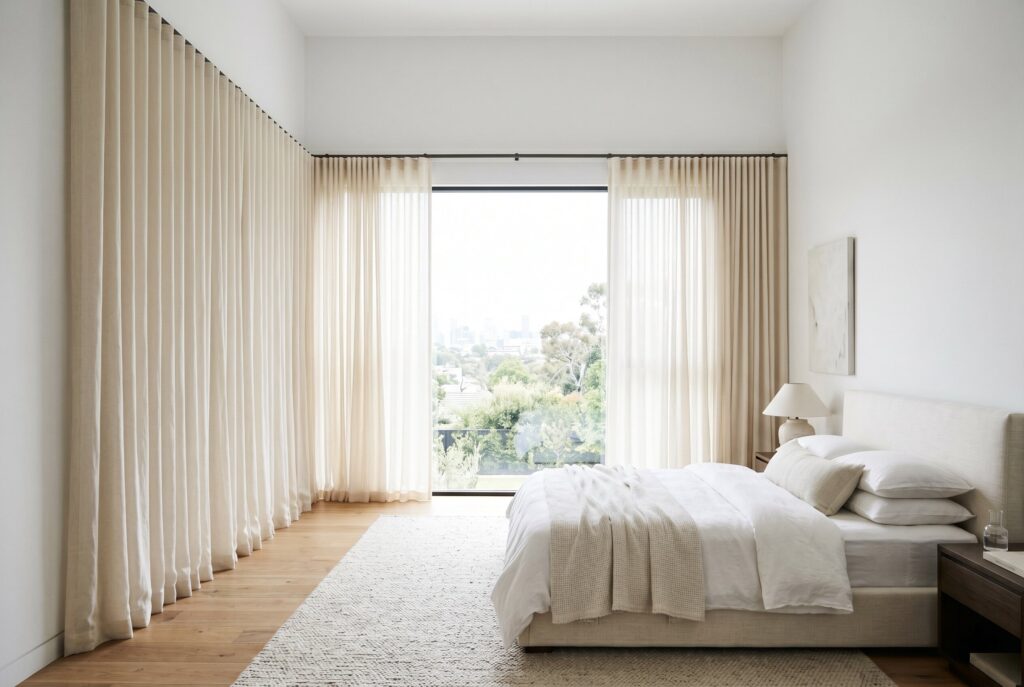 Floor to ceiling ripple fold drapes in white bedroom with luxury minimalist styling.