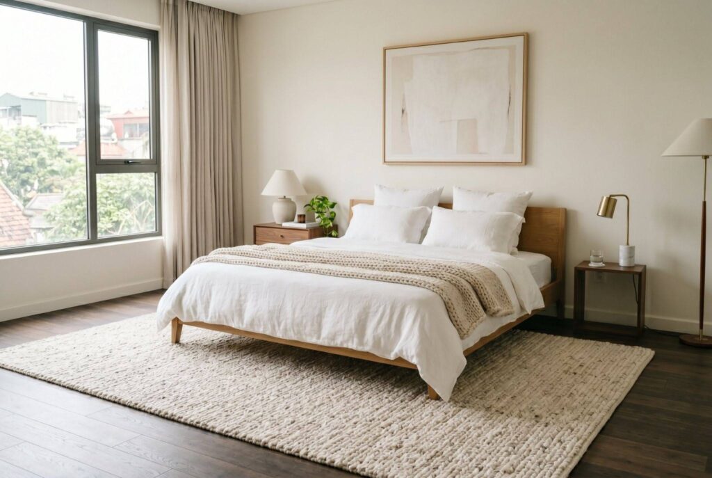 French flax linen bedding in white bedroom with warm minimalist bedroom decor.