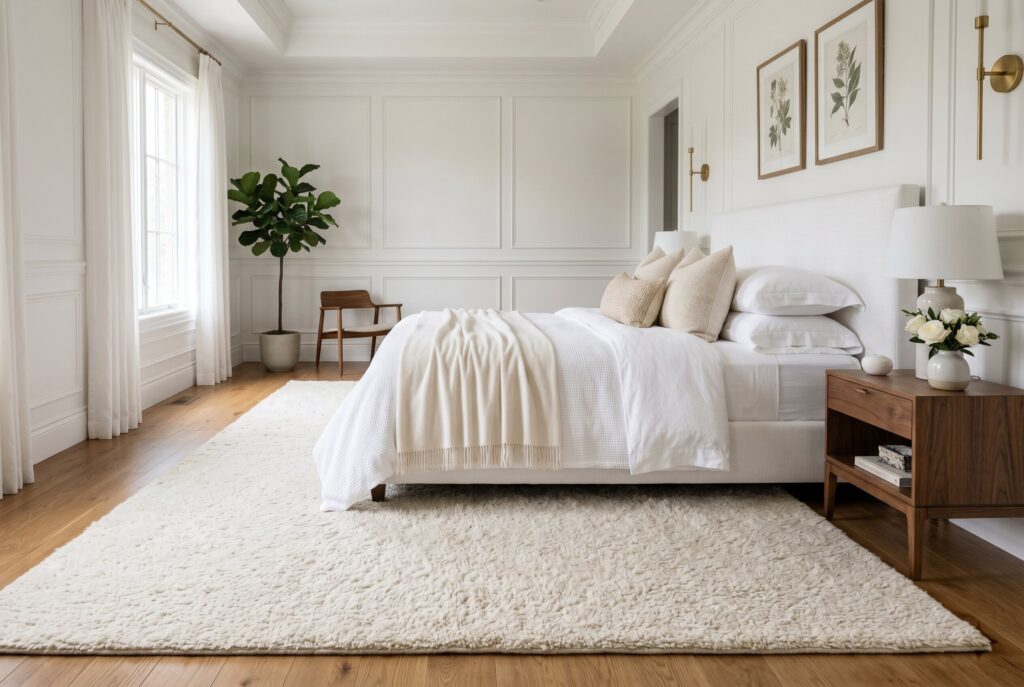 Plush wool area rug in white bedroom with soft neutral layered bedding ideas.