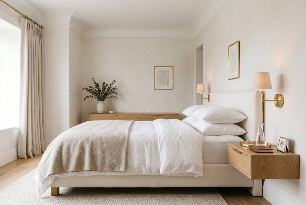 Brushed brass accents in white bedroom with floating wood nightstand styling.