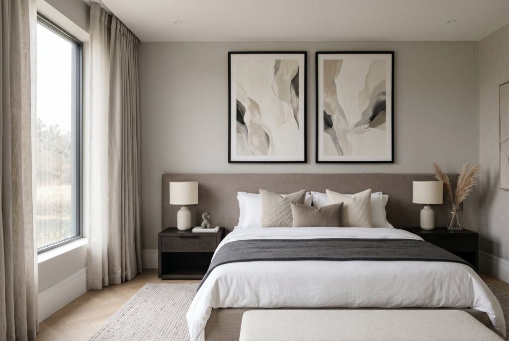Abstract neutral artwork above bed in luxury minimalist white bedroom styling.