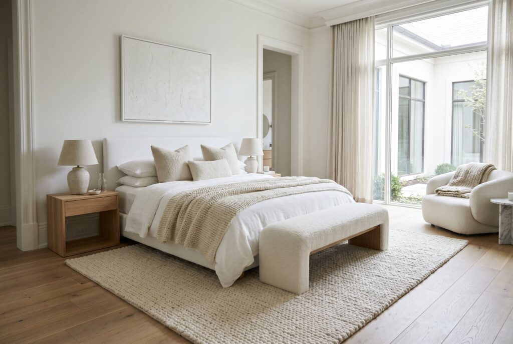 Boucle bench and wool rug in luxury white bedroom with layered neutral textures.
