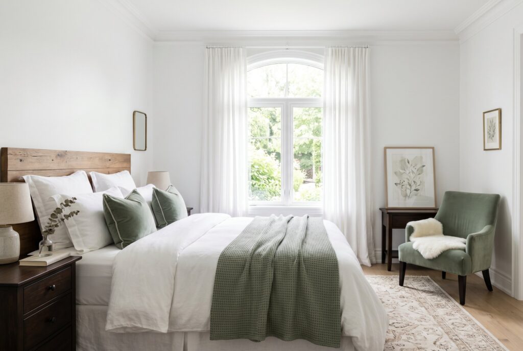 Sage green accents in white bedroom with organic modern decor and wood furniture.
