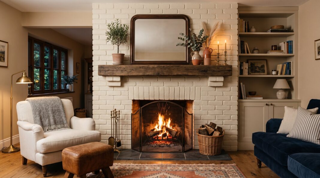 Painted brick fireplace ideas with rustic wood mantel and cozy neutral living room decor.