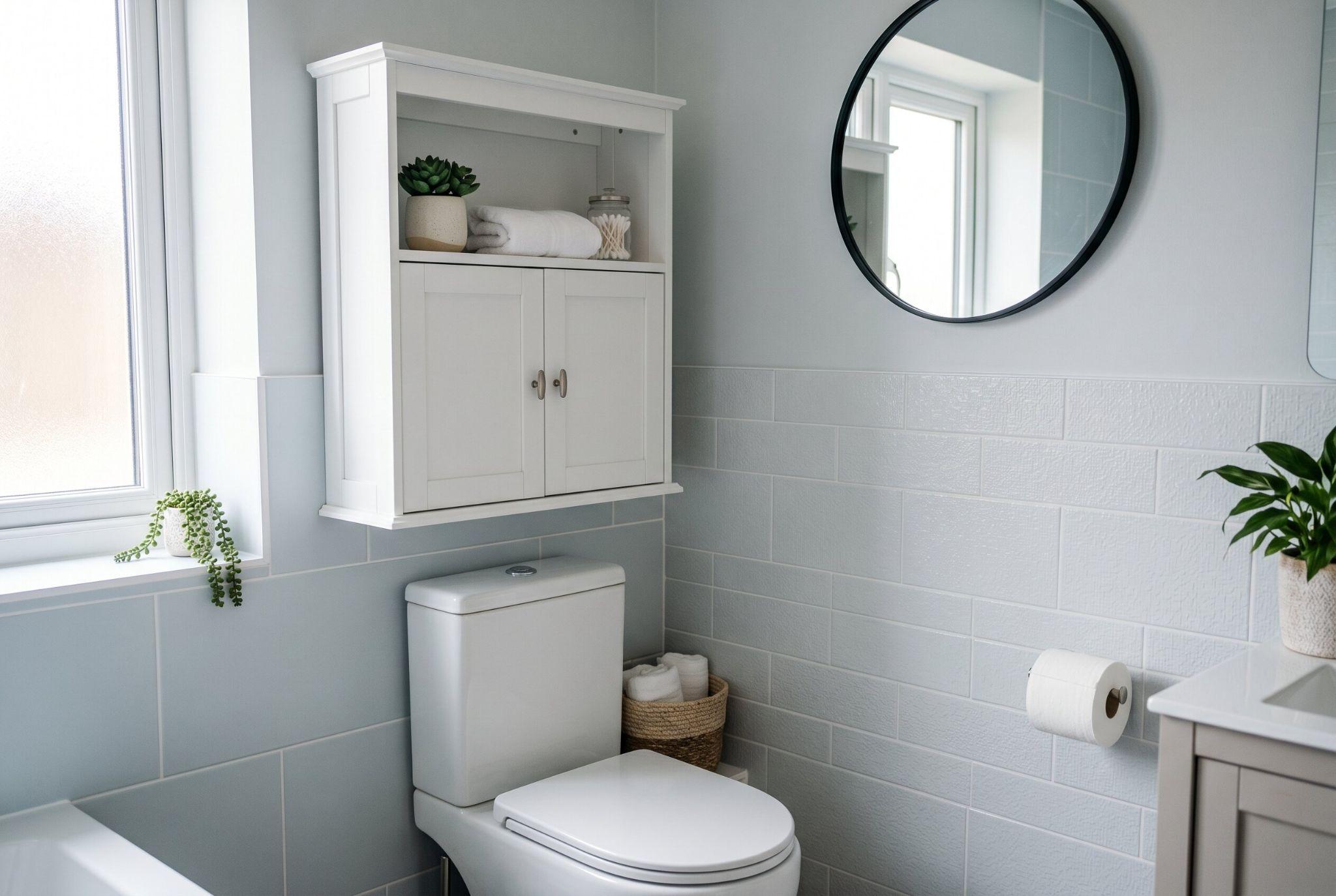 Rolling bathroom storage cart with toilet paper organization and compact small bathroom layout. 
