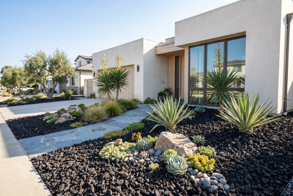Bold black lava rock landscaping with succulents and modern front yard design.