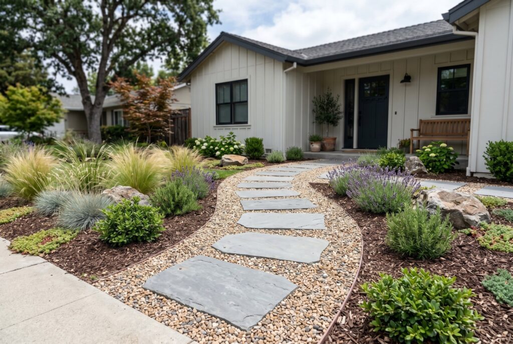 Oversized stepping stones with pea gravel and modern low maintenance front yard landscaping.