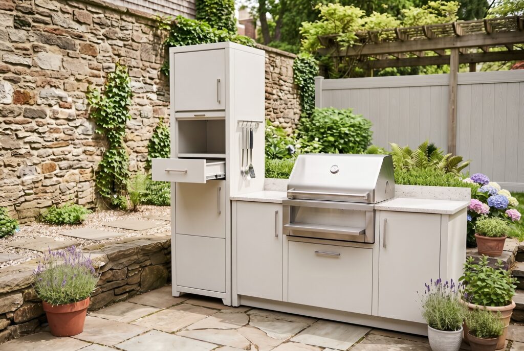 Small outdoor kitchen with tall pantry style cabinet and integrated grill station.